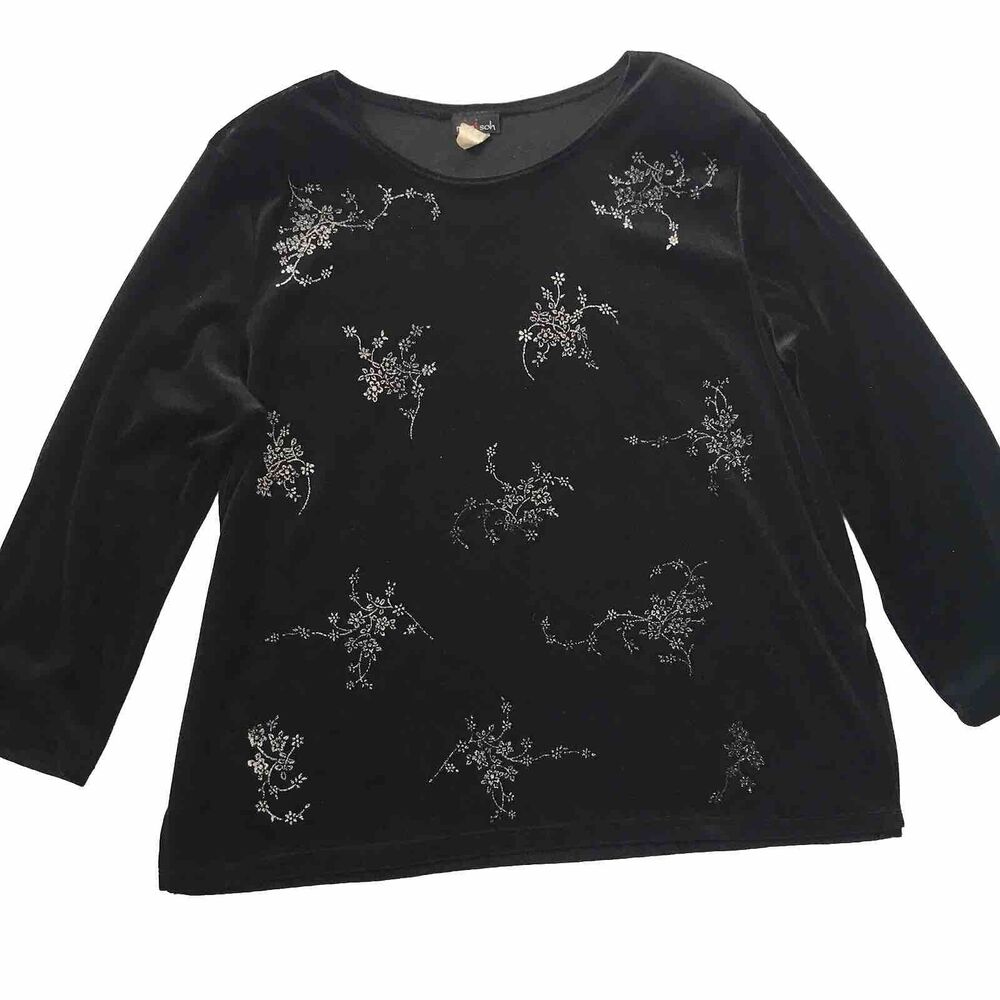 VTG MiMiSoh Size L Black Rhinestone Embellished Long Sleeve Top Holiday Floral